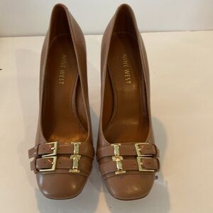 Vintage Nine West Chunky Stacked 3.5 inch Leather Double Buckle Block Heel 7M